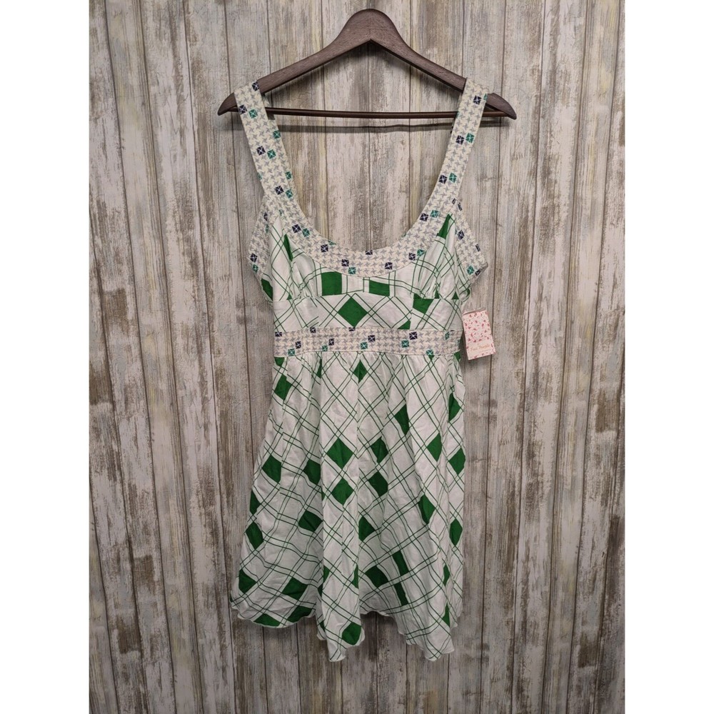 Free People Y2K Green White Fit & Flare Cotton Linen Mini Dress Scoop Neck Sz 10